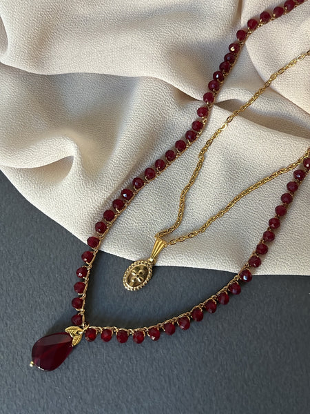 Collana lunga doppia bordeaux con pietra dura