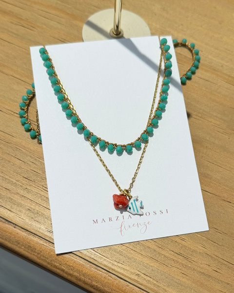 Girocollo doppio tiffany con pesce e corallo
