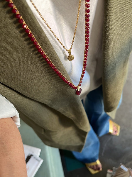 Collana lunga doppia bordeaux con pietra dura