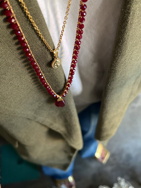 Collana lunga doppia bordeaux con pietra dura