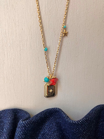 Collana corallo del Mediterraneo perla turchese e ciondolo con incisione