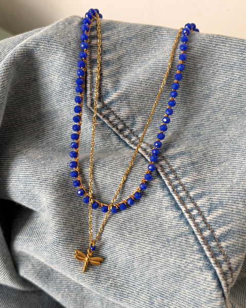 Girocollo doppio blu cobalto con libellula