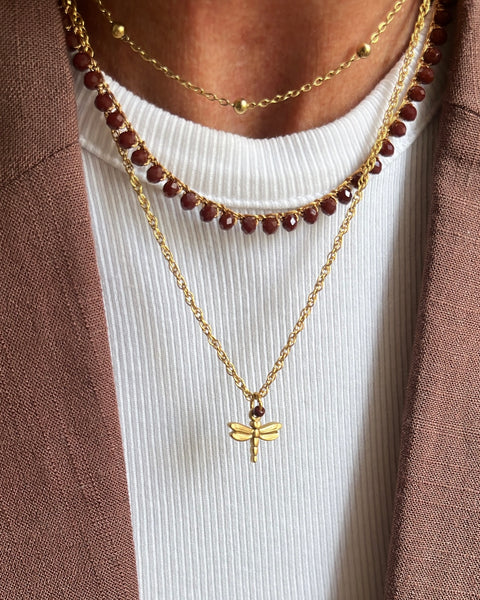 Girocollo doppio marrone con libellula