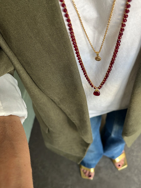 Collana lunga doppia bordeaux con pietra dura