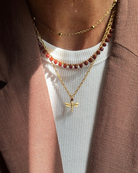 Girocollo doppio marrone con libellula