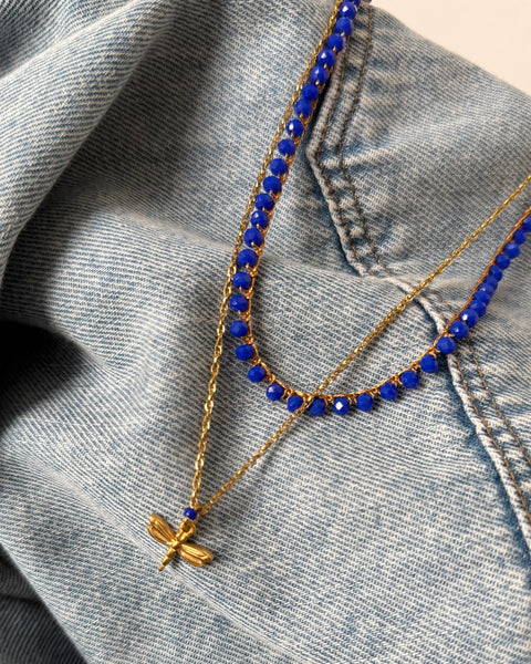 Girocollo doppio blu cobalto con libellula