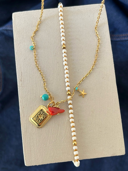 Collana corallo del Mediterraneo perla turchese e ciondolo con incisione