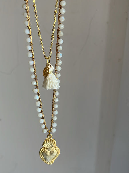 Collana doppia bianco panna cuore sacro
